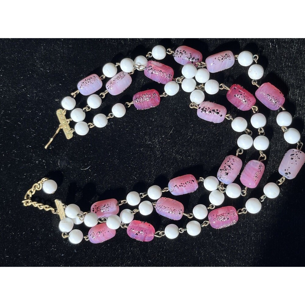 Vintage 1950s 1960s Japan Pink Confetti Glass Bead 3 Strand Choker Necklace 14”